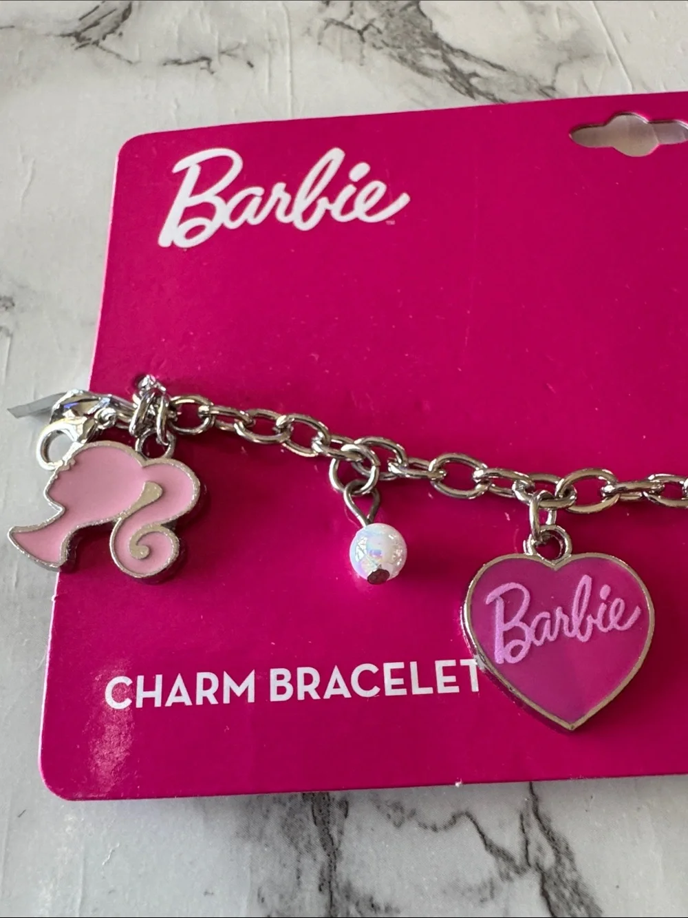 Silver-tone Barbie Theme Charm Bracelet 4 Pink Charms & 3 Bead Charms New